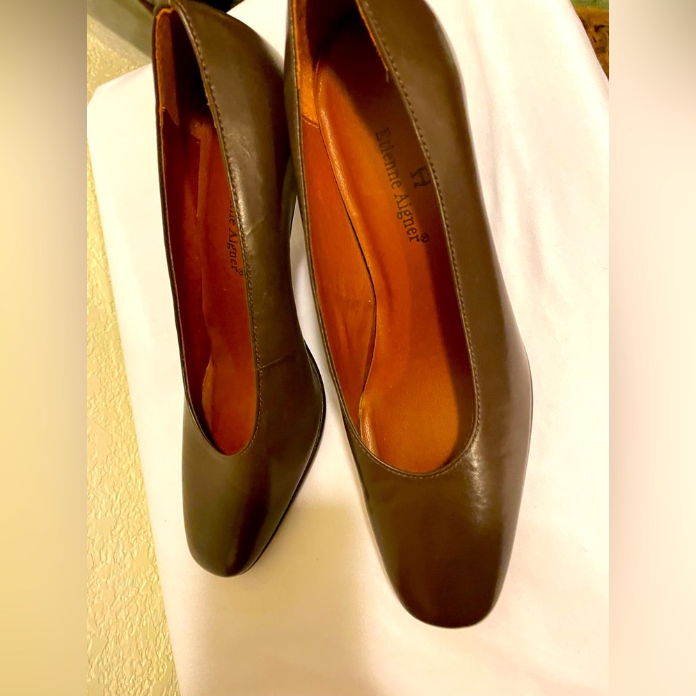 ETIENNE AIGNER Sharry Brown Leather Med Heel Pump Shoes.